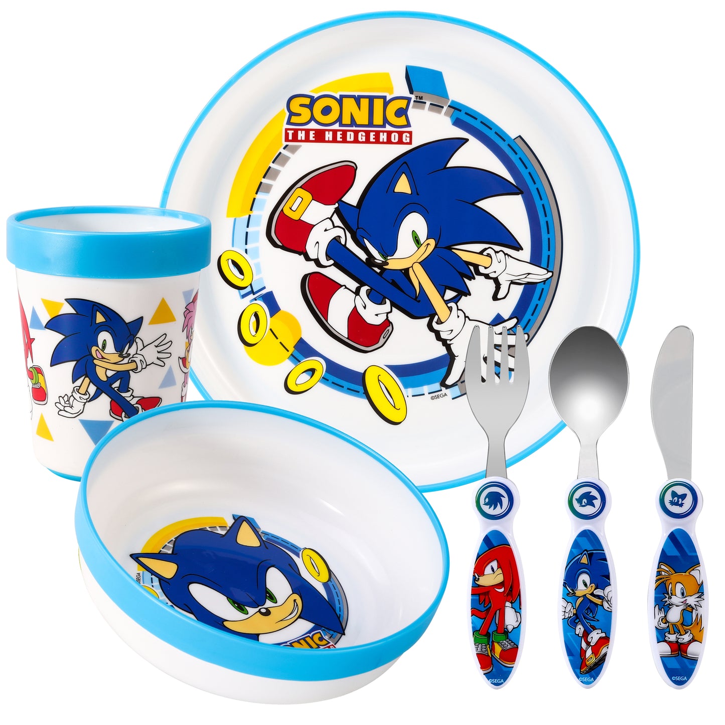 Sonic The Hedgehog Kids 6 Piece Reusable Dinner Set - Plate/Bowl/Cup/Knife/Fork/Spoon - Childrens Dinnerware Tableware Cutlery Set