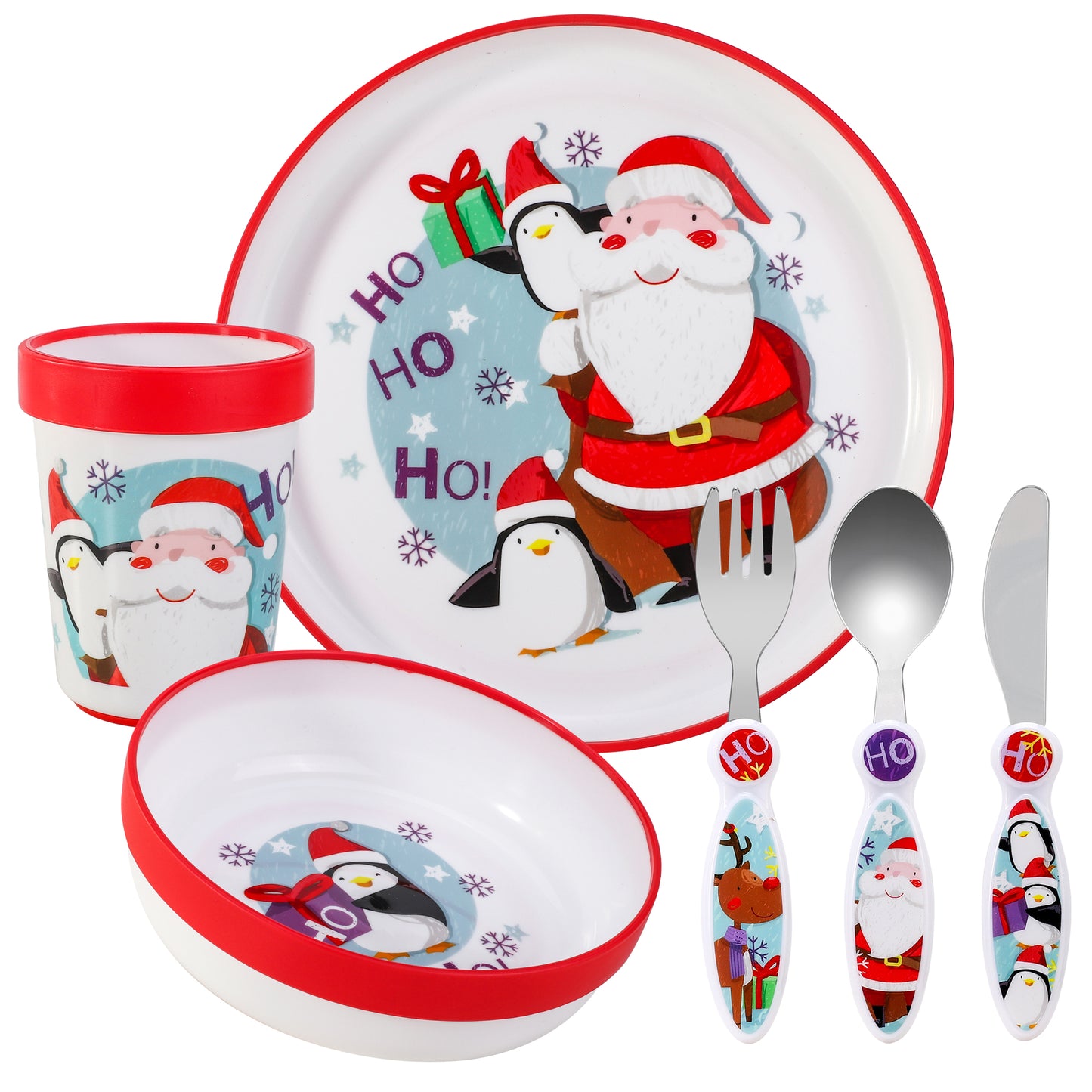 Christmas Kids 6 Piece Reusable Dinner Set - Plate/Bowl/Cup/Knife/Fork/Spoon - Childrens Dinnerware Tableware Cutlery Set