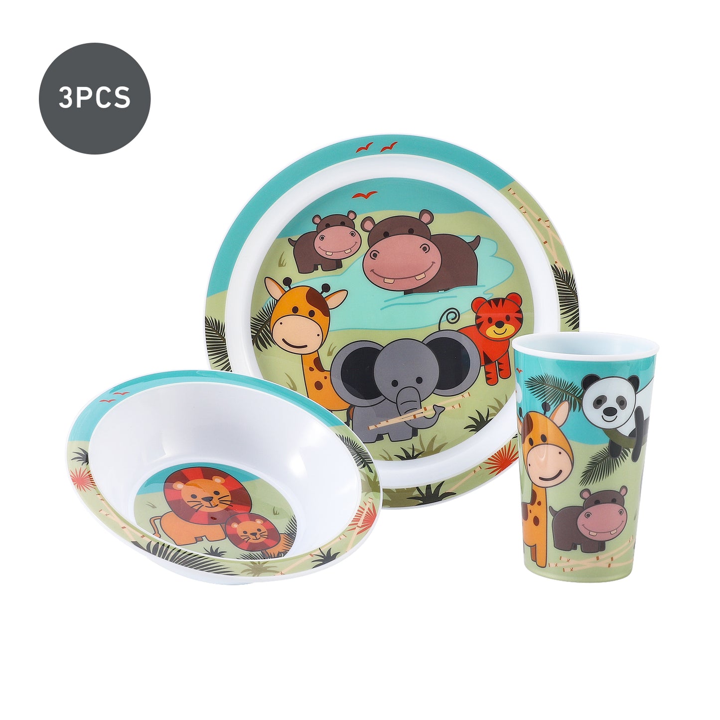 Animal Kids 6 Piece Reusable Dinner Set - Plate/Bowl/Cup/Knife/Fork/Spoon - Childrens Dinnerware Tableware Cutlery Set