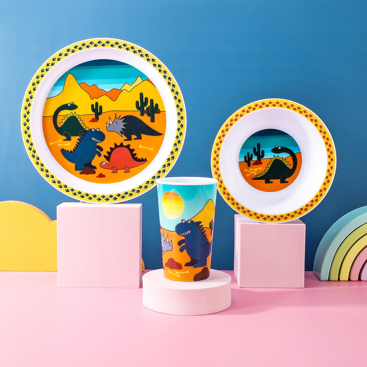 Dinosaur Kids 6 Piece Reusable Dinner Set - Plate/Bowl/Cup/Knife/Fork/Spoon - Childrens Dinnerware Tableware Cutlery Set