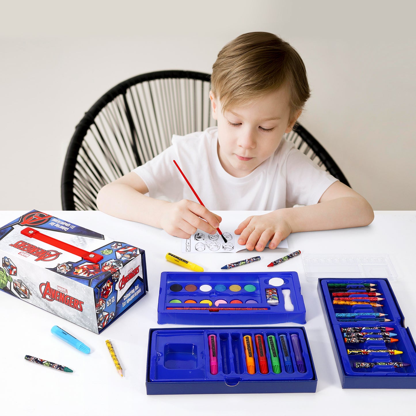 Avengers 52pc Kids Colouring Art Stationery Set with Watercolour Felt Tip Pens Crayons and Pencils Travel Set for Children