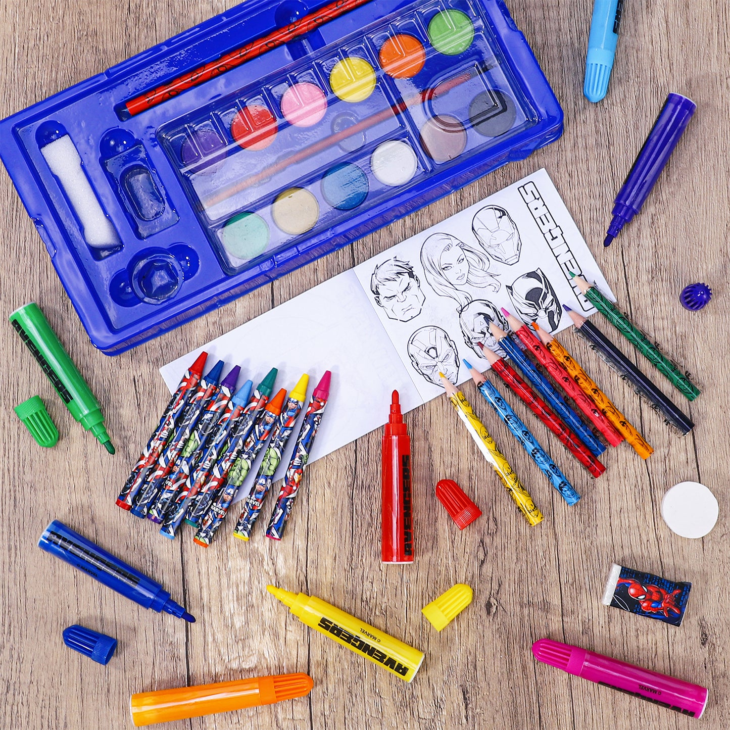 Avengers 52pc Kids Colouring Art Stationery Set with Watercolour Felt Tip Pens Crayons and Pencils Travel Set for Children