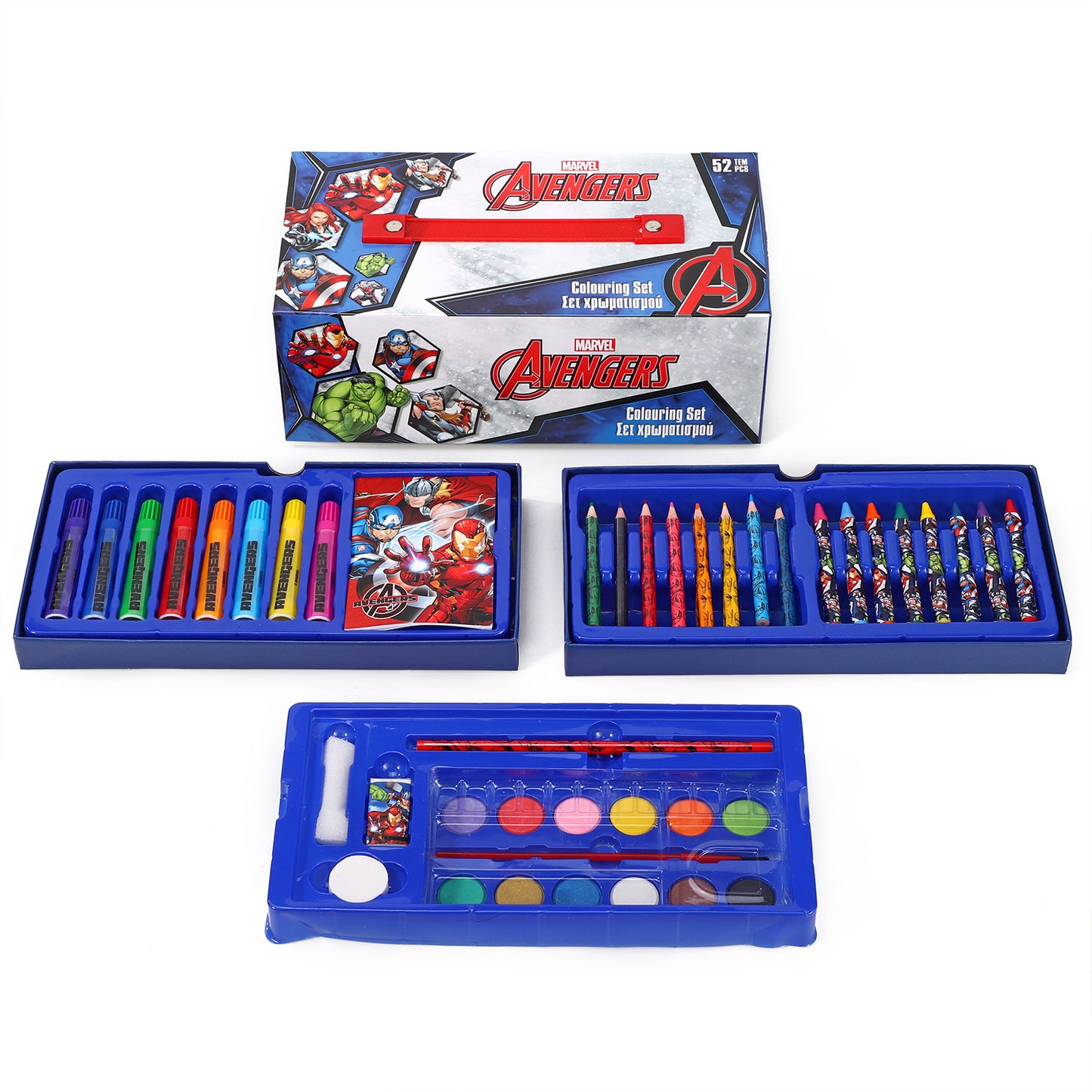 Avengers 52pc Kids Colouring Art Stationery Set with Watercolour Felt Tip Pens Crayons and Pencils Travel Set for Children