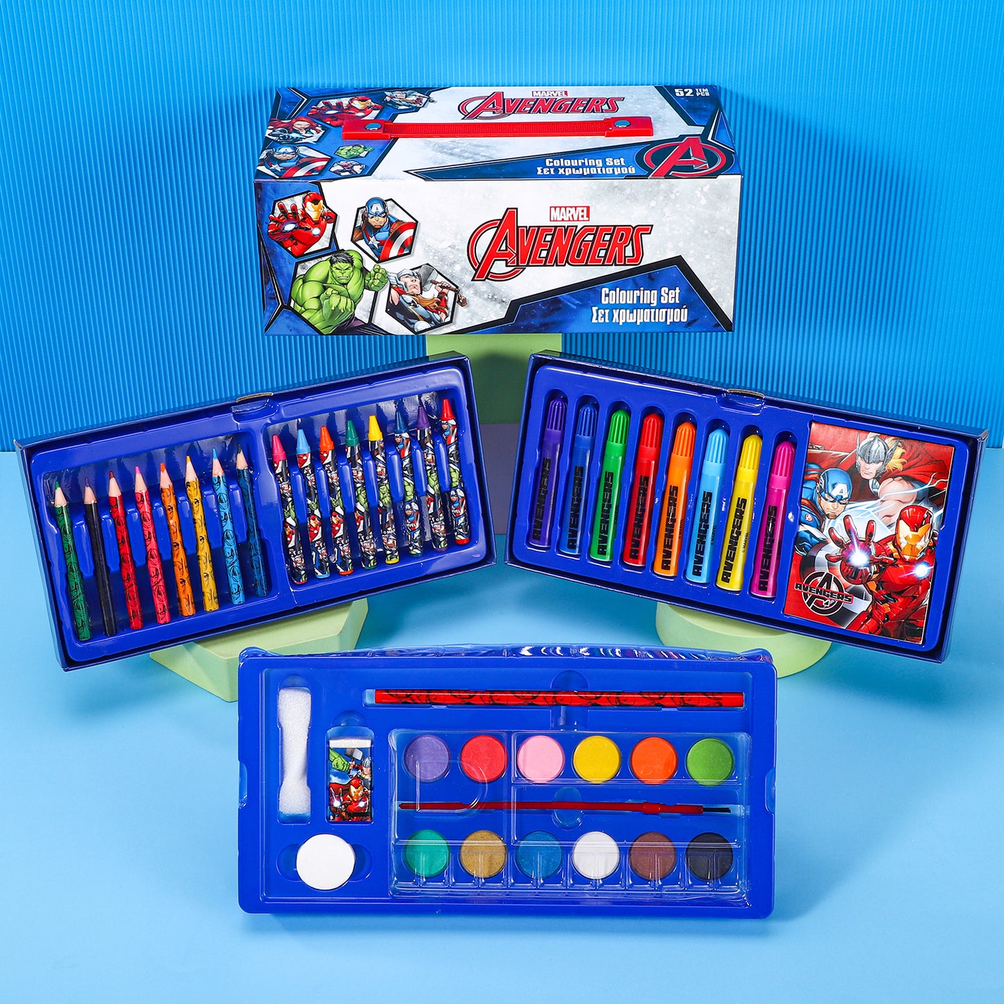 Avengers 52pc Kids Colouring Art Stationery Set with Watercolour Felt Tip Pens Crayons and Pencils Travel Set for Children