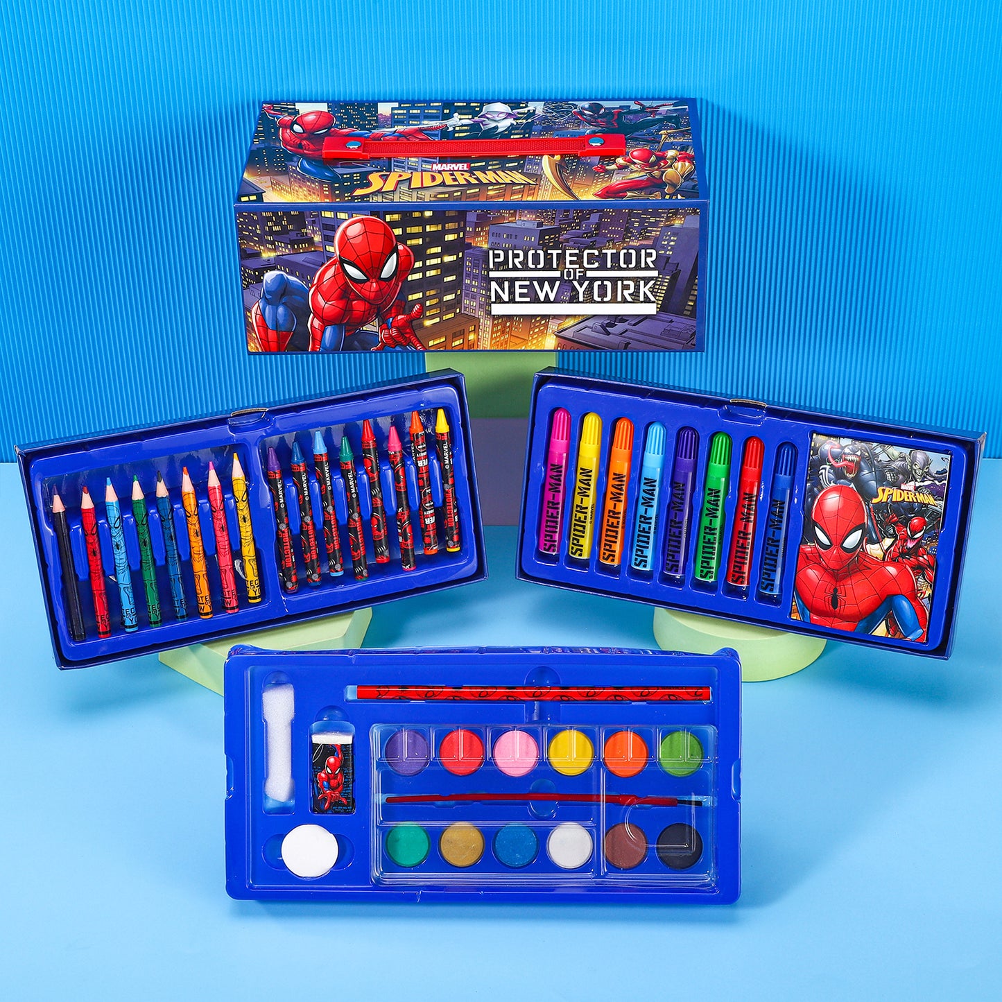 Spiderman 52pc Kids Colouring Art Stationery Set with Watercolour Felt Tip Pens Crayons and Pencils Travel Set for Children