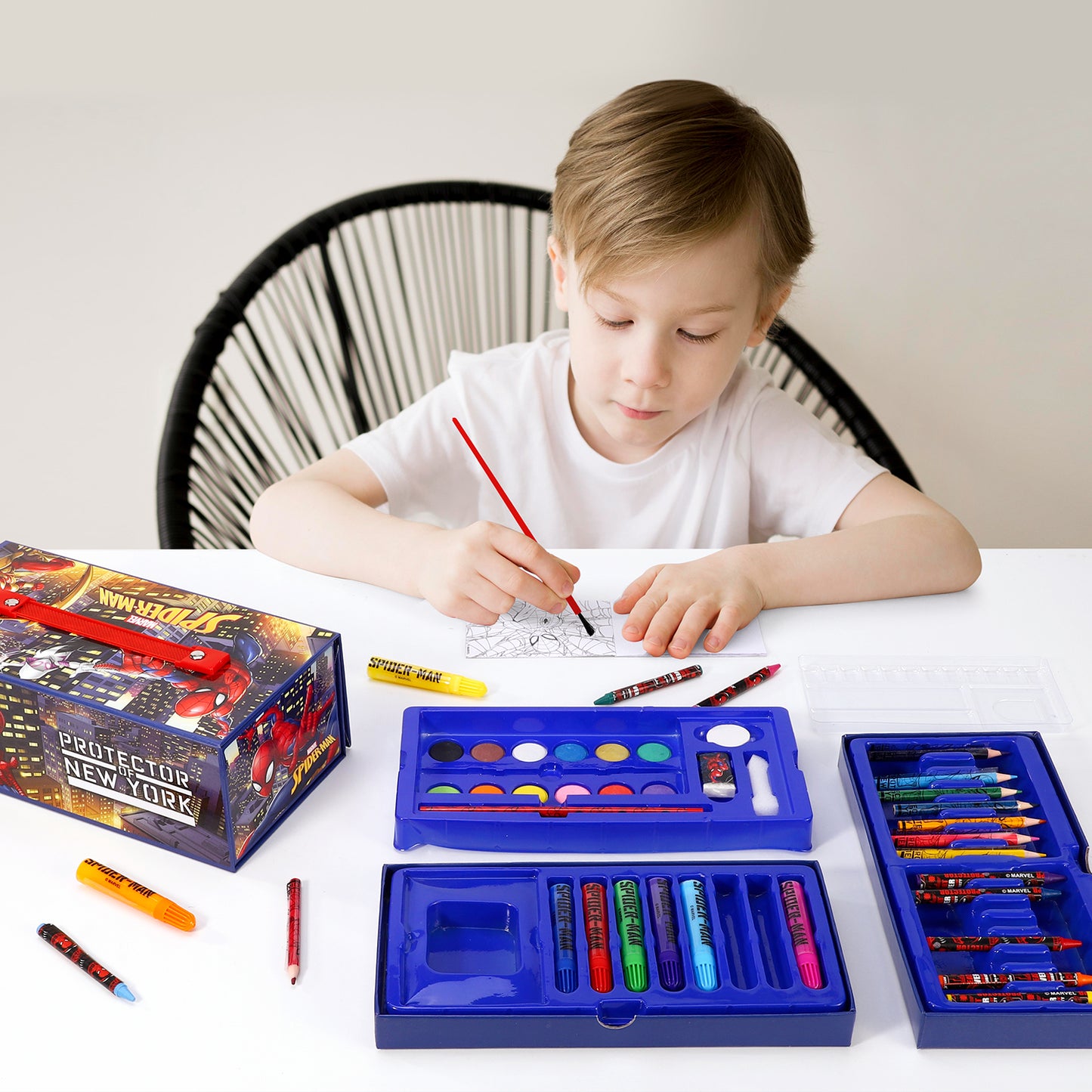 Spiderman 52pc Kids Colouring Art Stationery Set with Watercolour Felt Tip Pens Crayons and Pencils Travel Set for Children