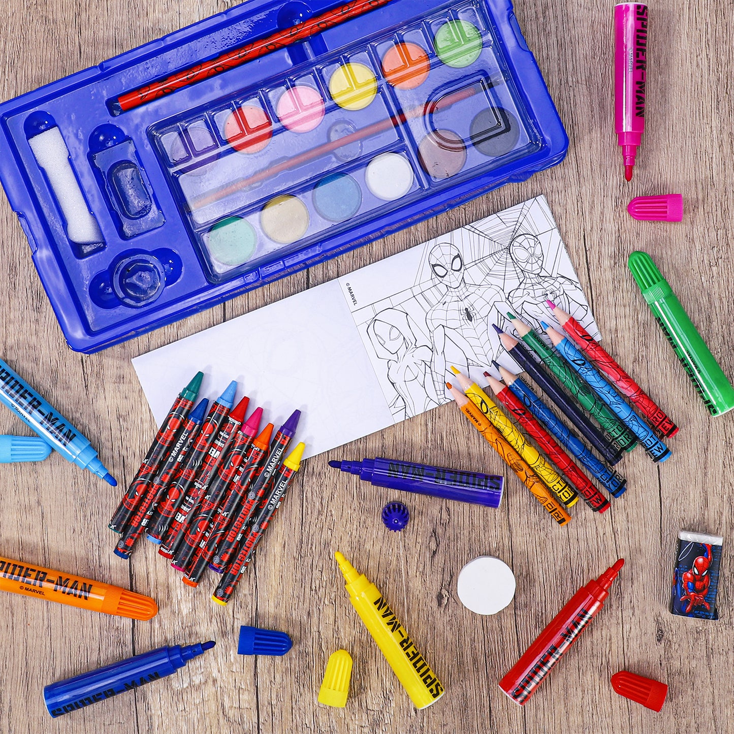 Spiderman 52pc Kids Colouring Art Stationery Set with Watercolour Felt Tip Pens Crayons and Pencils Travel Set for Children