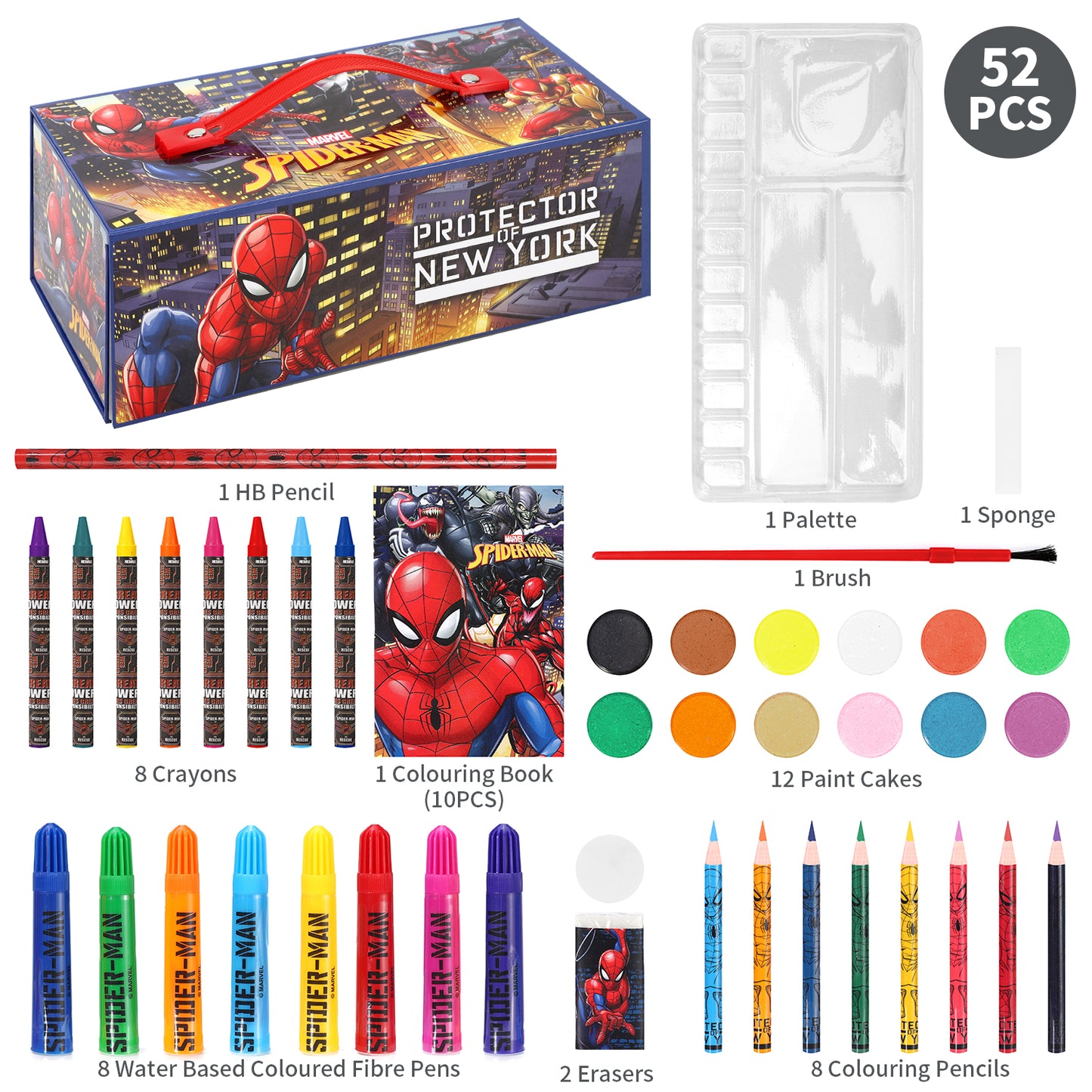 Spiderman 52pc Kids Colouring Art Stationery Set with Watercolour Felt Tip Pens Crayons and Pencils Travel Set for Children