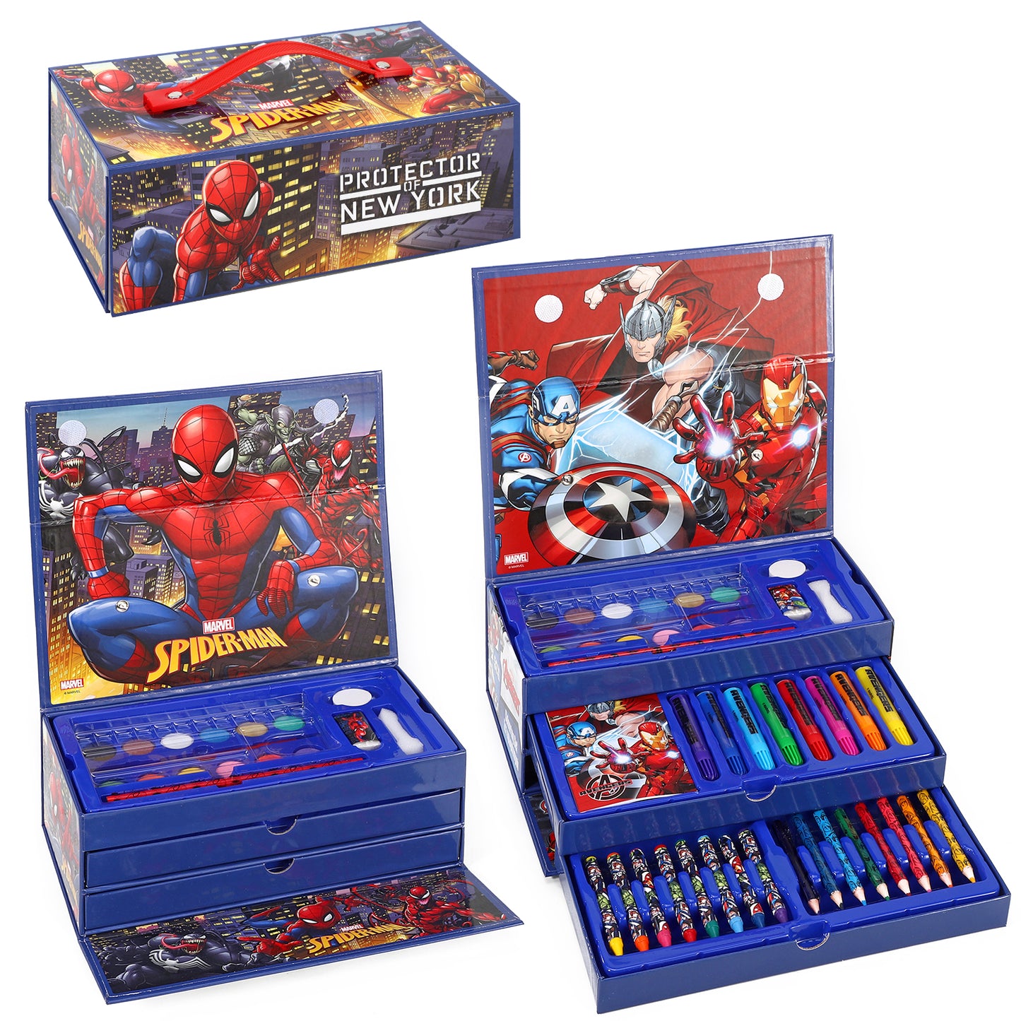 Spiderman 52pc Kids Colouring Art Stationery Set with Watercolour Felt Tip Pens Crayons and Pencils Travel Set for Children