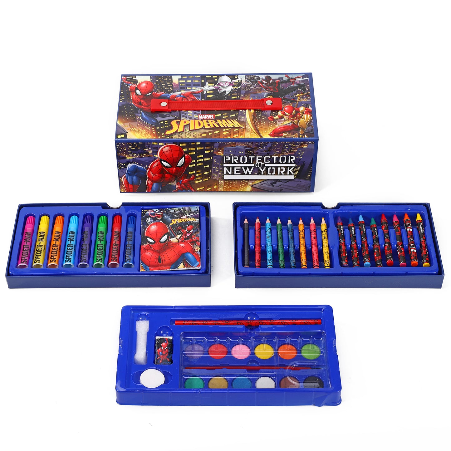 Spiderman 52pc Kids Colouring Art Stationery Set with Watercolour Felt Tip Pens Crayons and Pencils Travel Set for Children