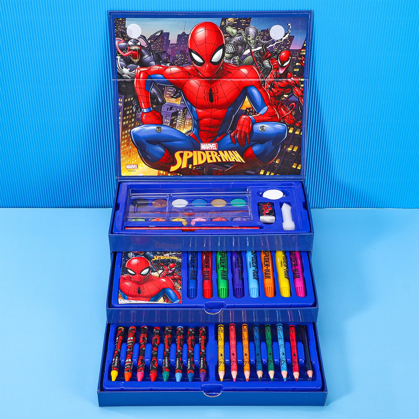 Spiderman 52pc Kids Colouring Art Stationery Set with Watercolour Felt Tip Pens Crayons and Pencils Travel Set for Children