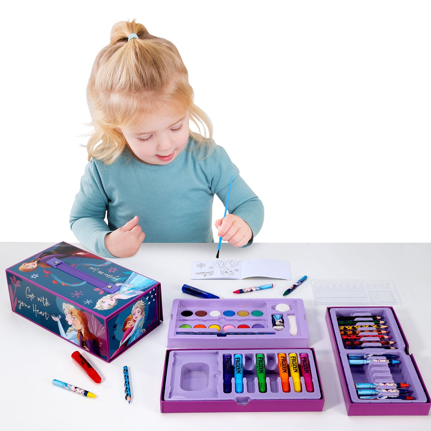 Frozen 52pc Kids Colouring Art Stationery Set with Watercolour Felt Tip Pens Crayons and Pencils Travel Set for Children