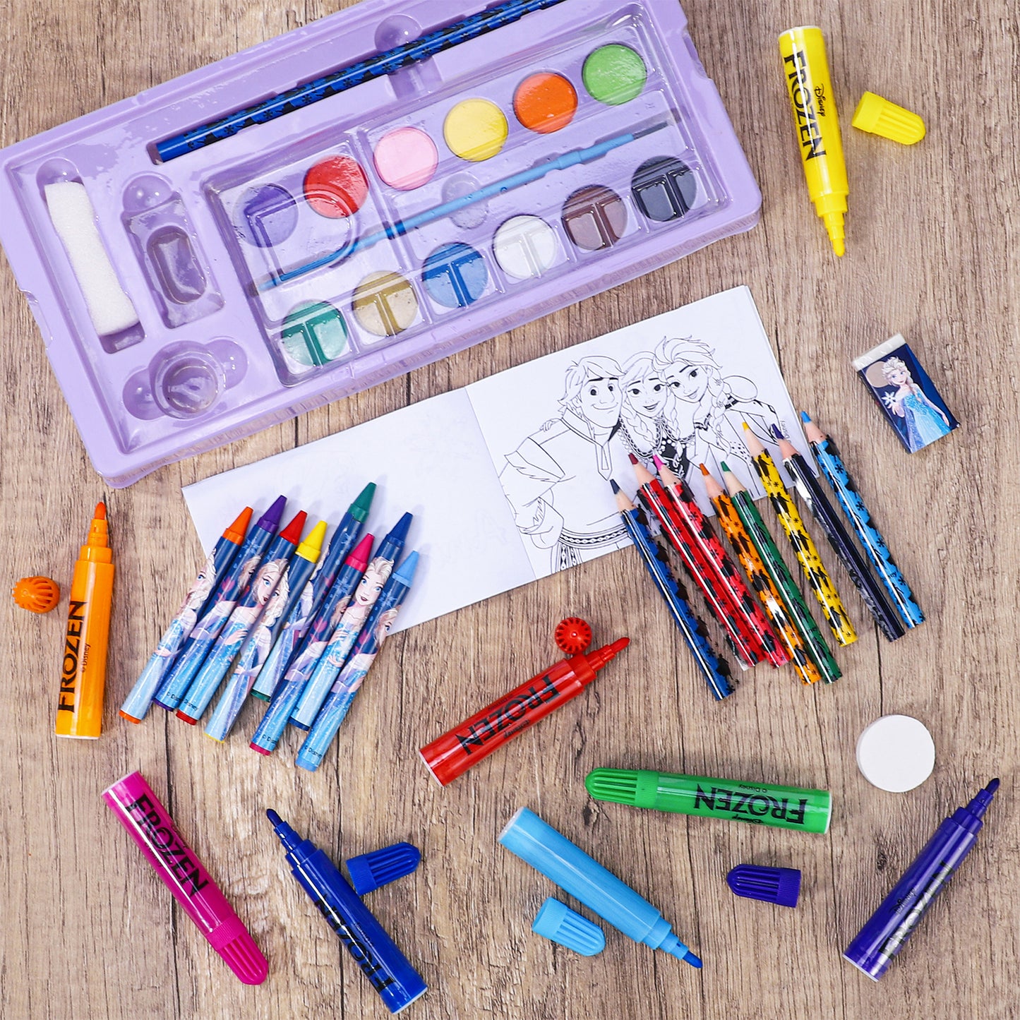 Frozen 52pc Kids Colouring Art Stationery Set with Watercolour Felt Tip Pens Crayons and Pencils Travel Set for Children