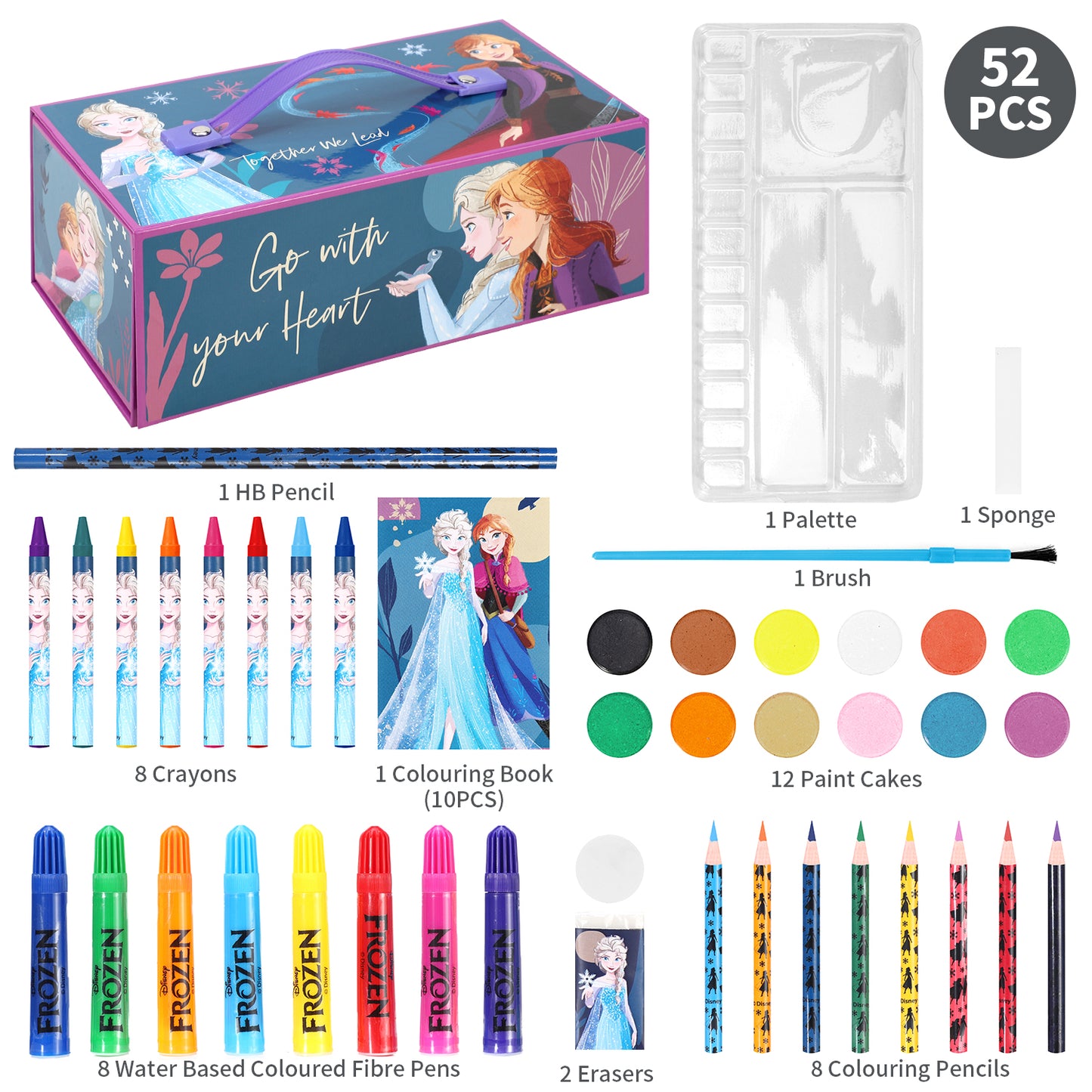 Frozen 52pc Kids Colouring Art Stationery Set with Watercolour Felt Tip Pens Crayons and Pencils Travel Set for Children