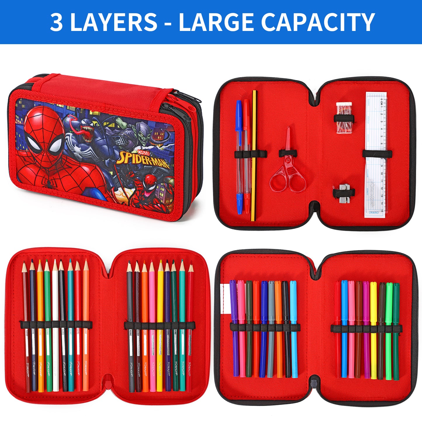 Spiderman 3 Tier Large Pencil Case Multi Compartment School Supplies Stationery Colouring Pens Pencils Sets