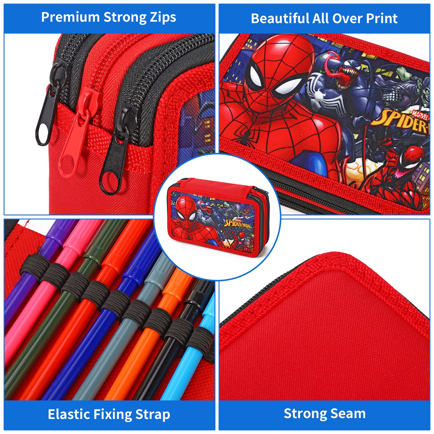 Spiderman 3 Tier Large Pencil Case Multi Compartment School Supplies Stationery Colouring Pens Pencils Sets