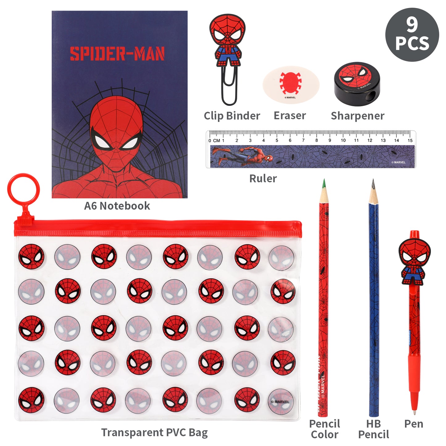 Spiderman 9pcs Transparent Filled Pencil Case Stationery Set Waterproof Boys Girls Kids Children School Travel Exam