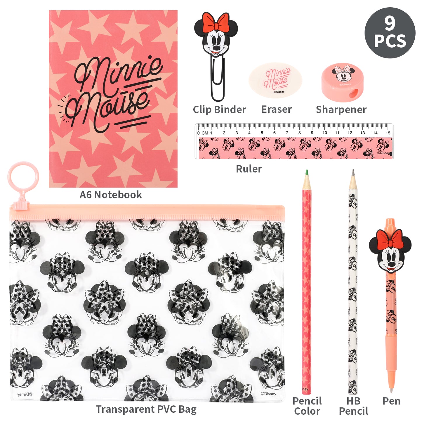 Minnie Mouse 9pcs Transparent Filled Pencil Case Stationery Set Waterproof Boys Girls Kids Children School Travel Exam