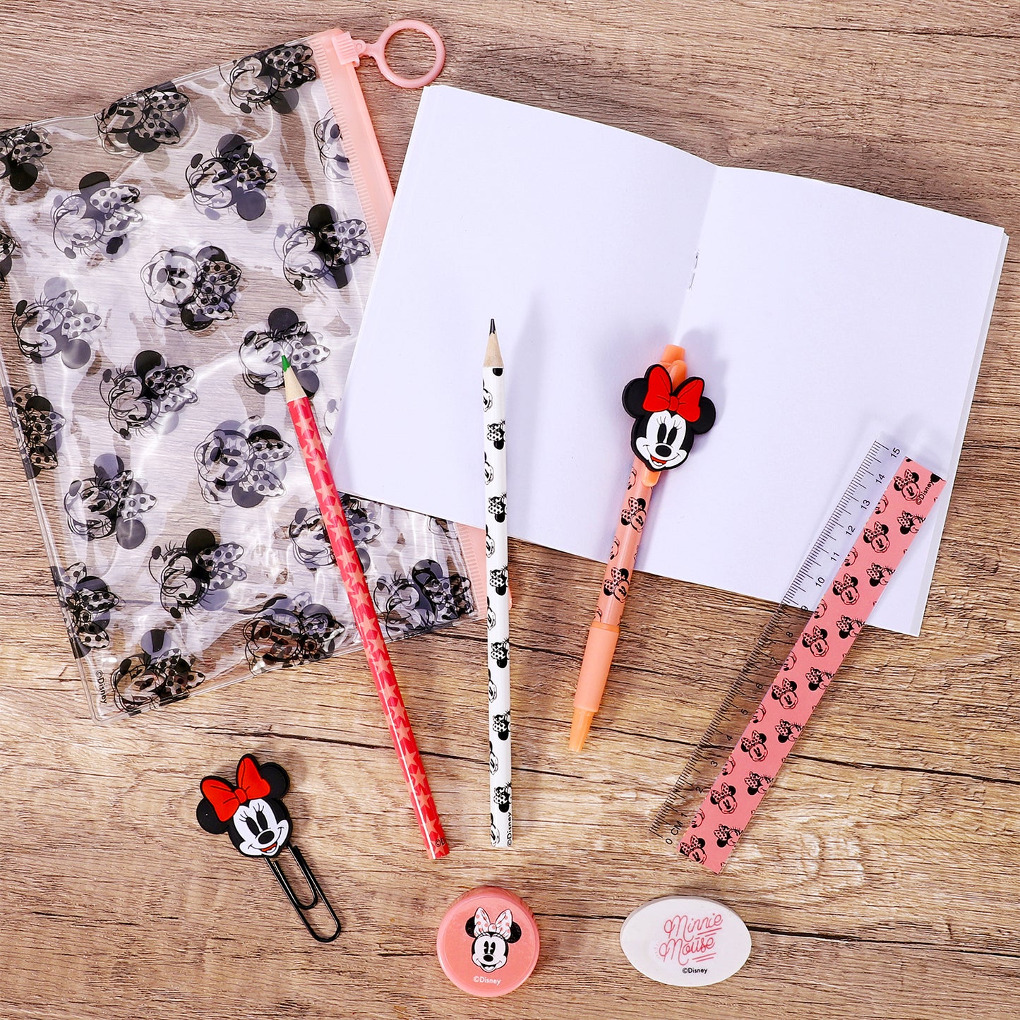 Minnie Mouse 9pcs Transparent Filled Pencil Case Stationery Set Waterproof Boys Girls Kids Children School Travel Exam