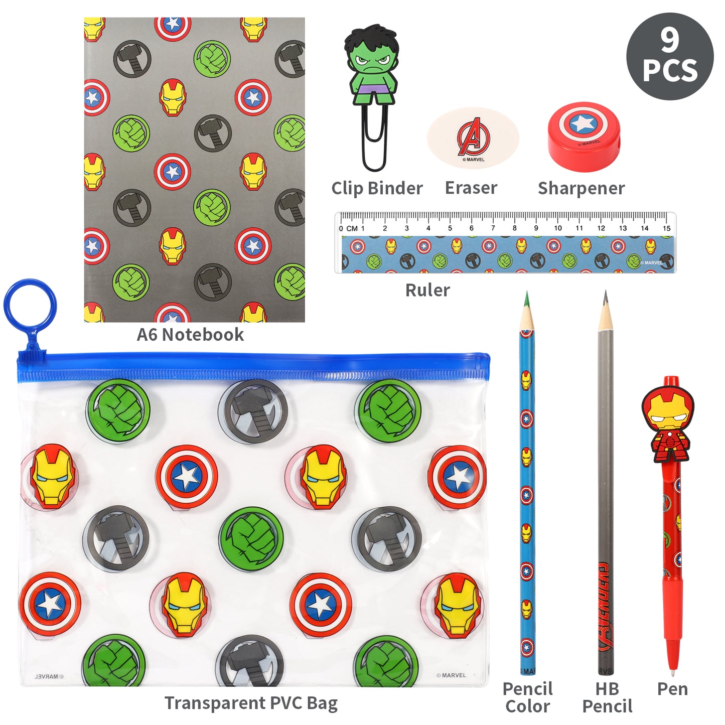 Avengers 9pcs Transparent Filled Pencil Case Stationery Set Waterproof Boys Girls Kids Children School Travel Exam