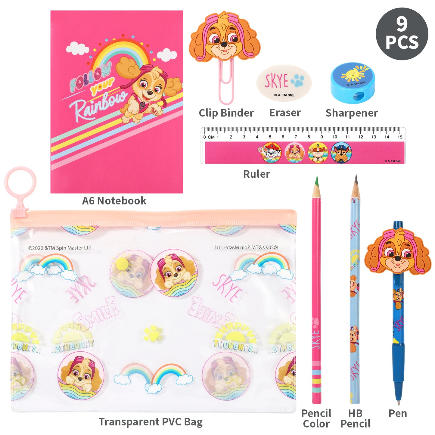 Paw Patrol 9pcs Transparent Filled Pencil Case Stationery Set Waterproof Boys Girls Kids Children School Travel Exam