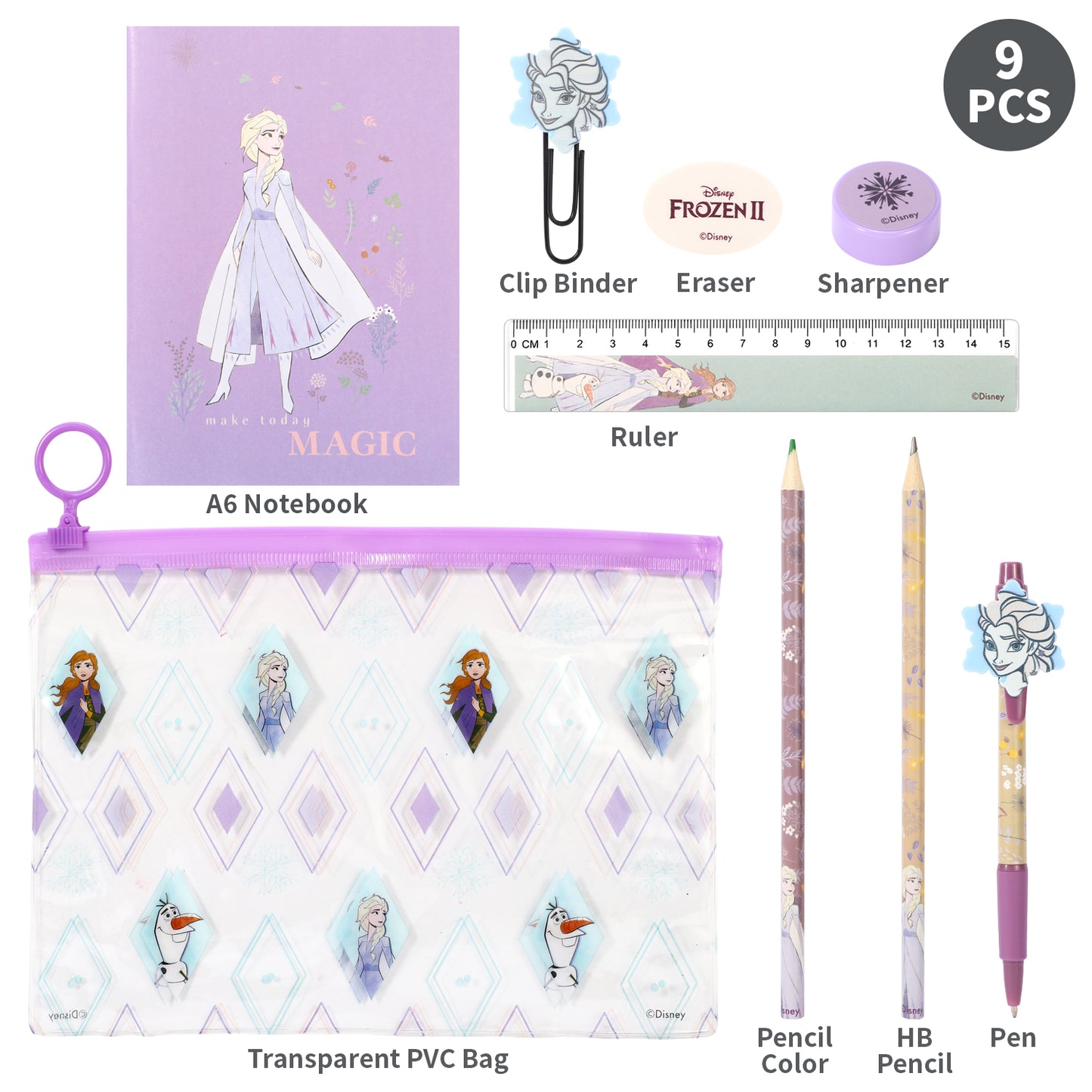 Frozen 9pcs Transparent Filled Pencil Case Stationery Set Waterproof Boys Girls Kids Children School Travel Exam