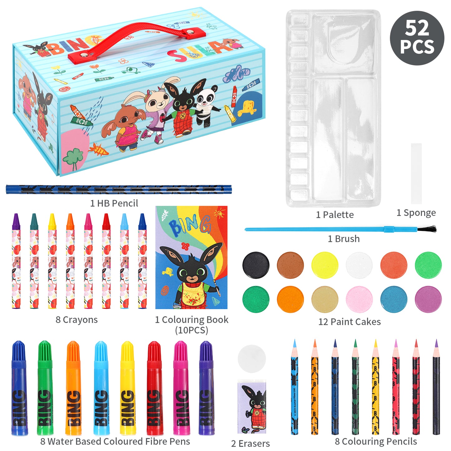 Bing 52pc Kids Colouring Art Stationery Set with Watercolour Felt Tip Pens Crayons and Pencils Travel Set for Children
