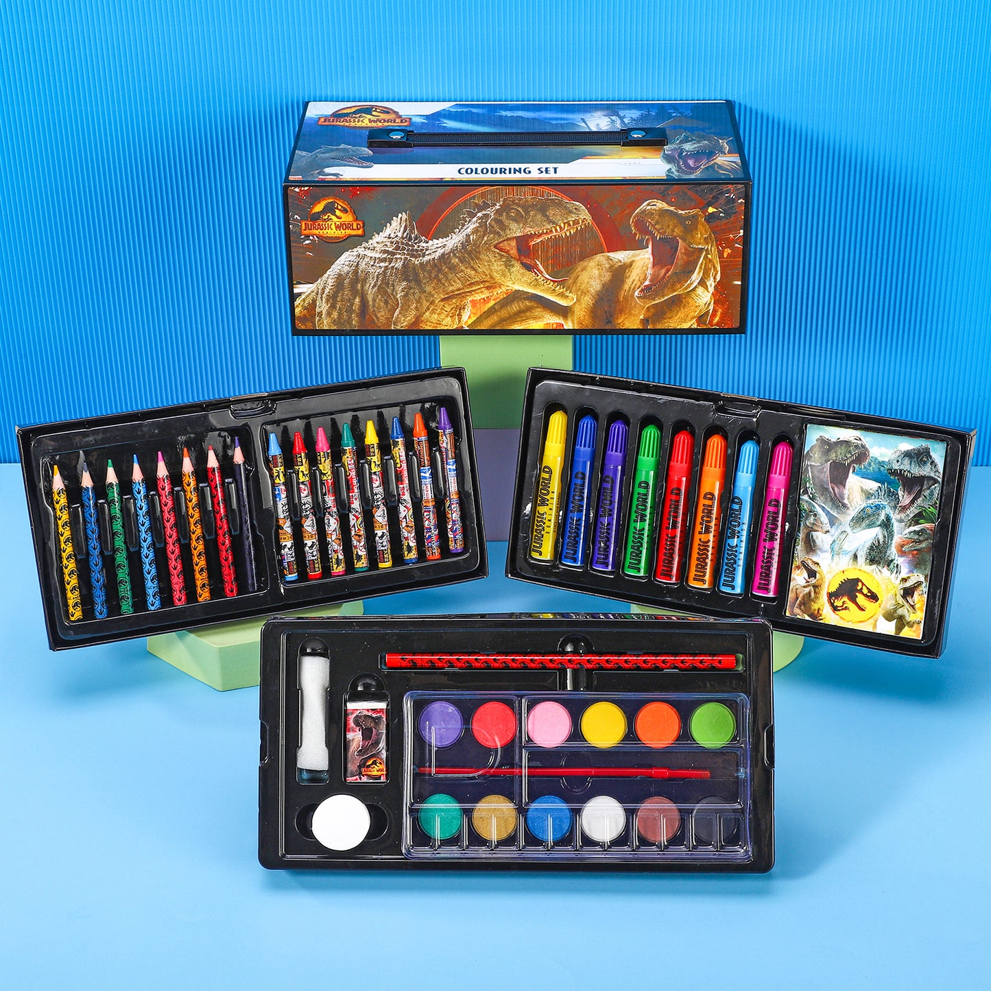 Jurassic World 52pc Kids Colouring Art Stationery Set with Watercolour Felt Tip Pens Crayons and Pencils Travel Set for Children