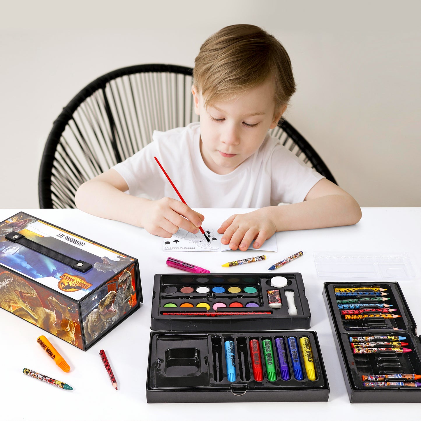 Jurassic World 52pc Kids Colouring Art Stationery Set with Watercolour Felt Tip Pens Crayons and Pencils Travel Set for Children