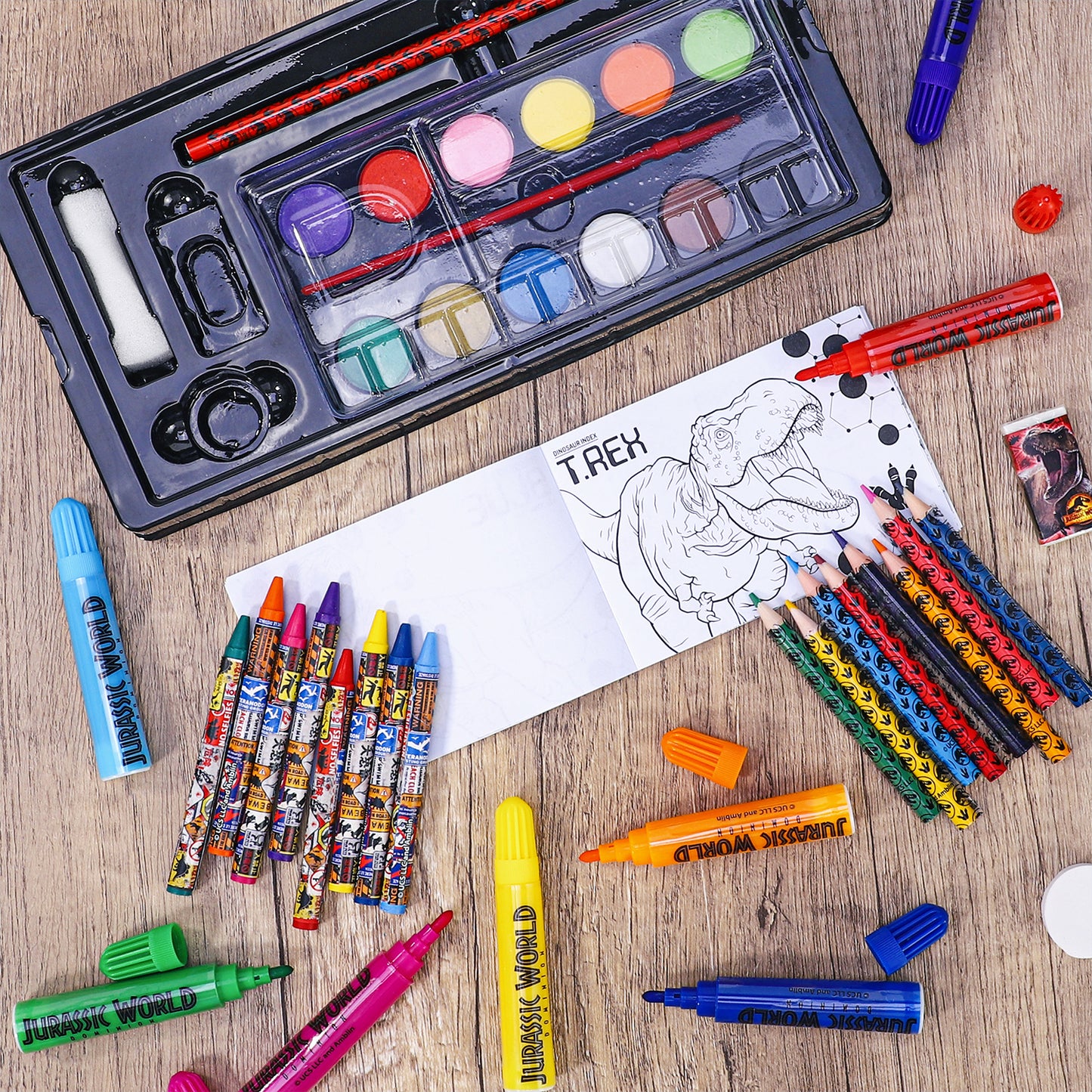 Jurassic World 52pc Kids Colouring Art Stationery Set with Watercolour Felt Tip Pens Crayons and Pencils Travel Set for Children