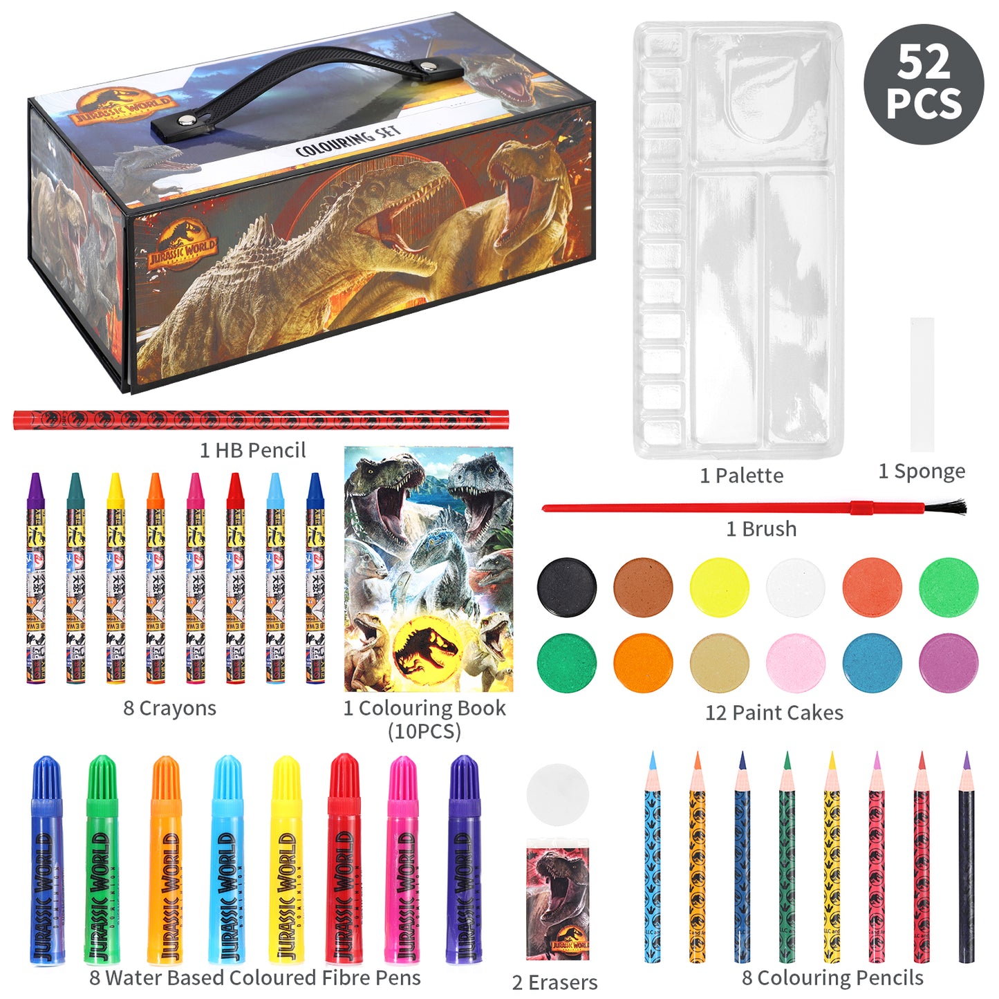 Jurassic World 52pc Kids Colouring Art Stationery Set with Watercolour Felt Tip Pens Crayons and Pencils Travel Set for Children
