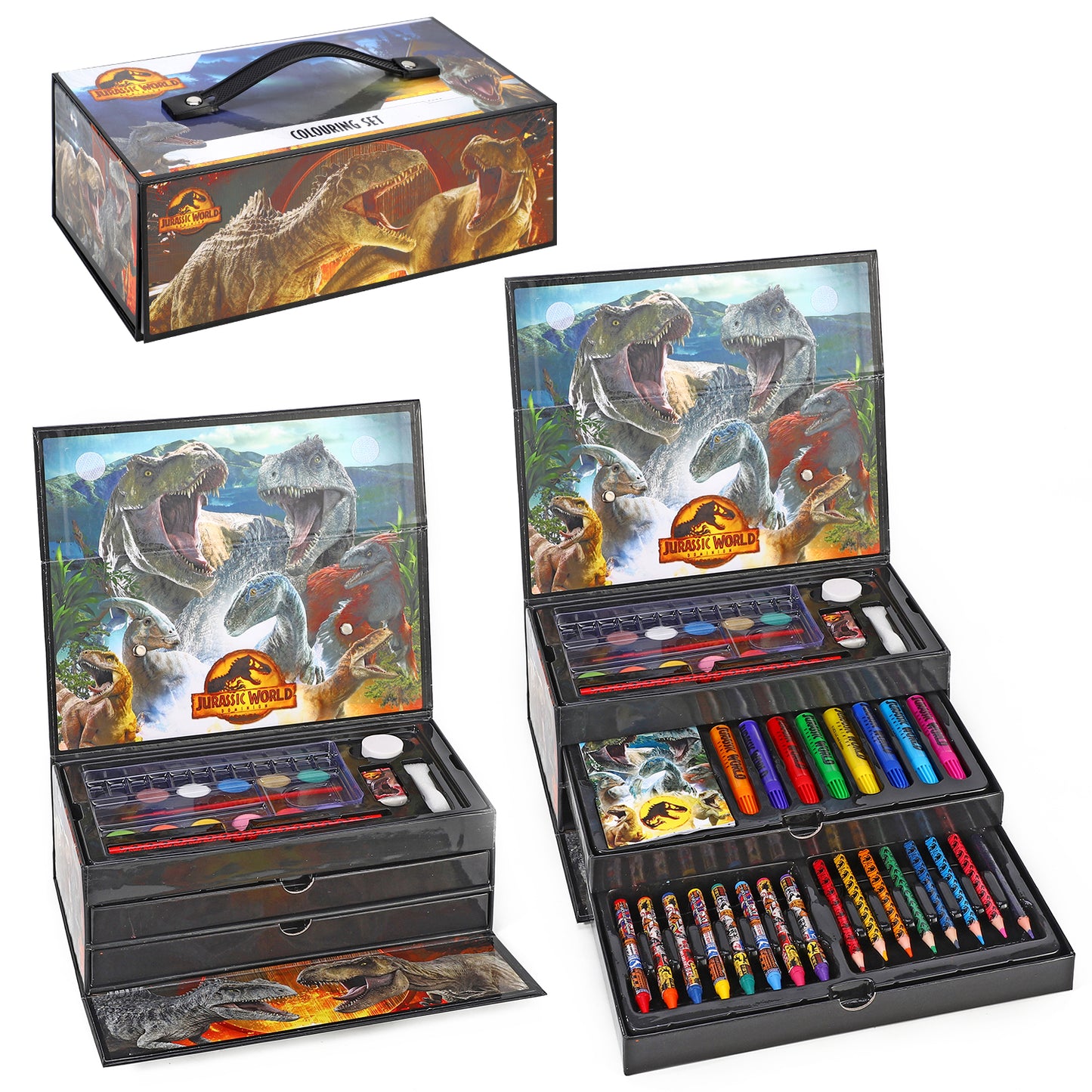 Jurassic World 52pc Kids Colouring Art Stationery Set with Watercolour Felt Tip Pens Crayons and Pencils Travel Set for Children
