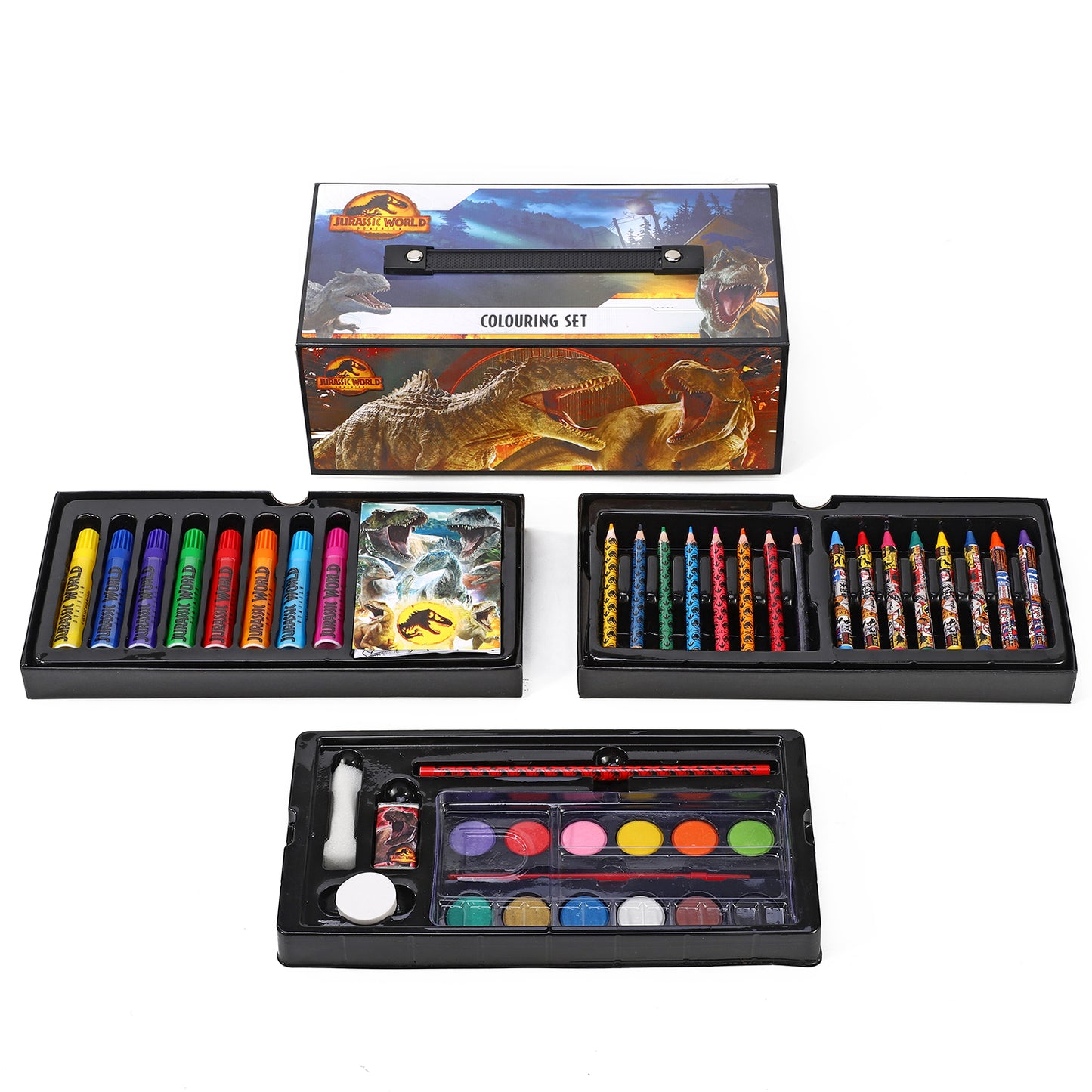Jurassic World 52pc Kids Colouring Art Stationery Set with Watercolour Felt Tip Pens Crayons and Pencils Travel Set for Children