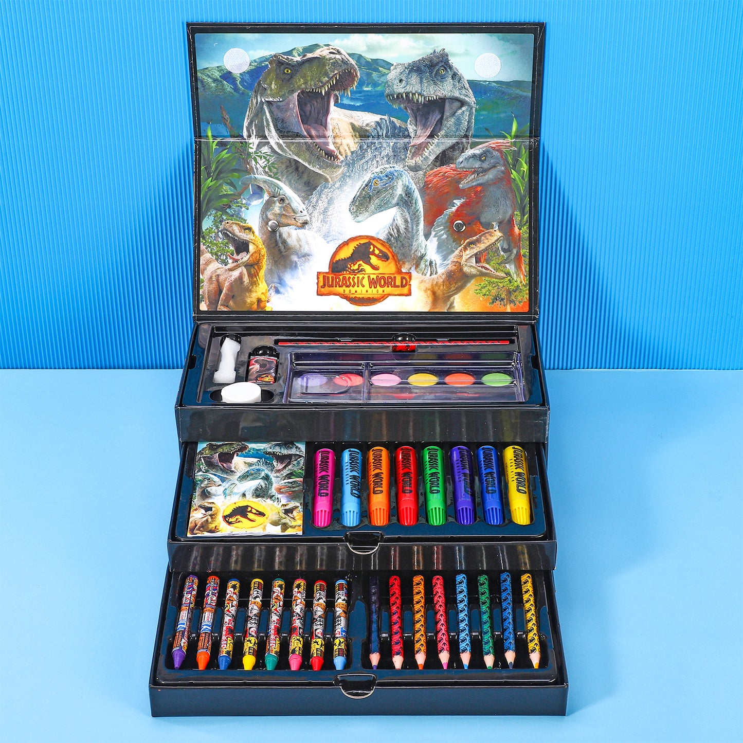Jurassic World 52pc Kids Colouring Art Stationery Set with Watercolour Felt Tip Pens Crayons and Pencils Travel Set for Children