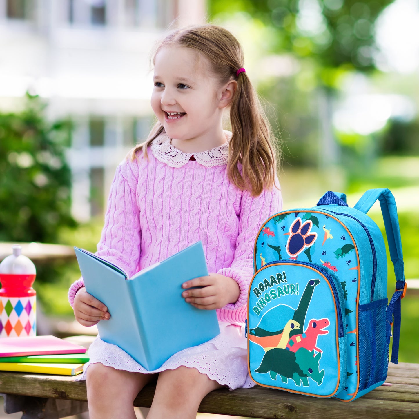 Dinosaur Blue Kids Childrens Backpack School Rucksack Travel Bag Boys Girls with side mesh pocket Boys Girls