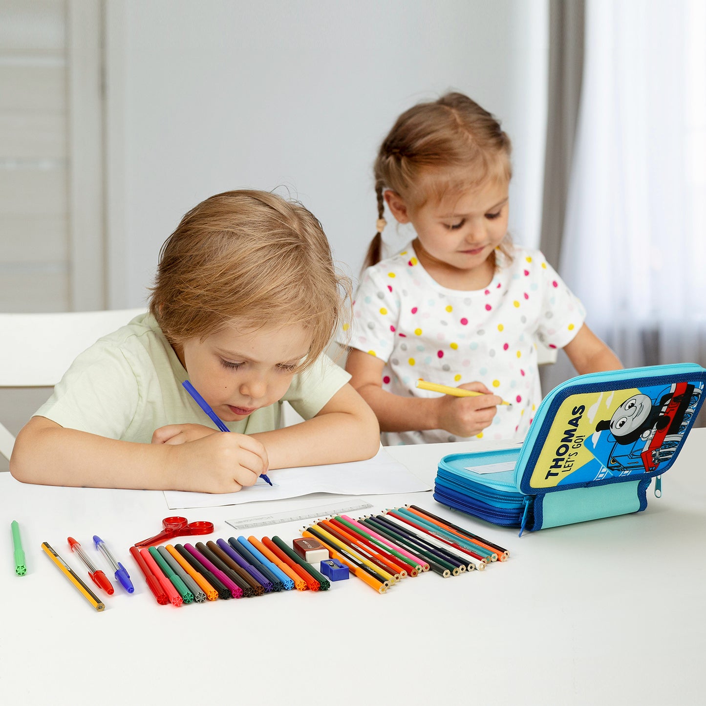 Thomas the Tank Engine 3 Tier Large Pencil Case Multi Compartment School Supplies Stationery Colouring Pens Pencils Sets, Blue