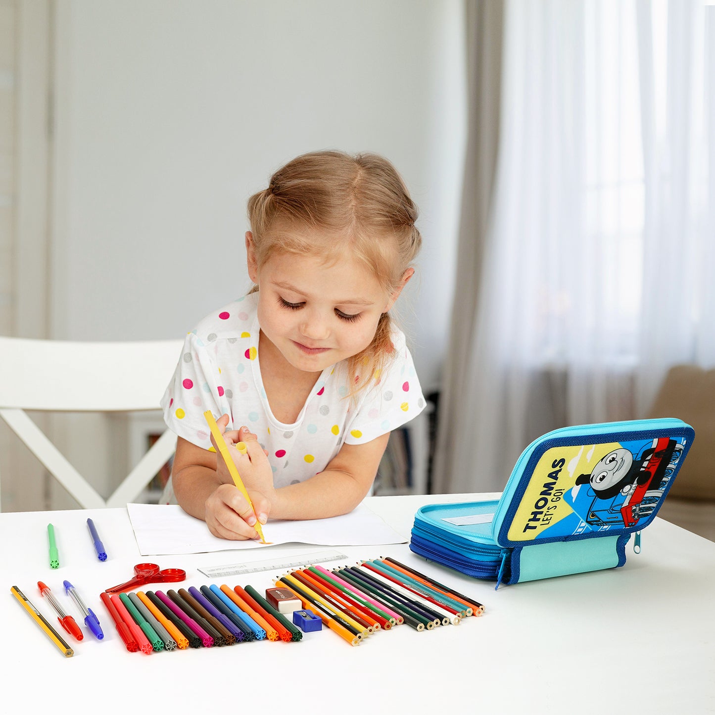 Thomas the Tank Engine 3 Tier Large Pencil Case Multi Compartment School Supplies Stationery Colouring Pens Pencils Sets, Blue