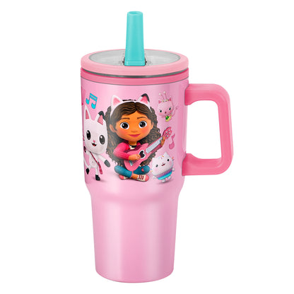 Gabby's Dollhouse 640mL Double Walled Vacuum Insulated Tumbler with Straw & Handle - Stainless Steel Kids Tumbler Cup, Reusable Insulated Travel Mug for Cold & Hot Drinks | Cold for 2Hrs and Hot for 2Hrs
