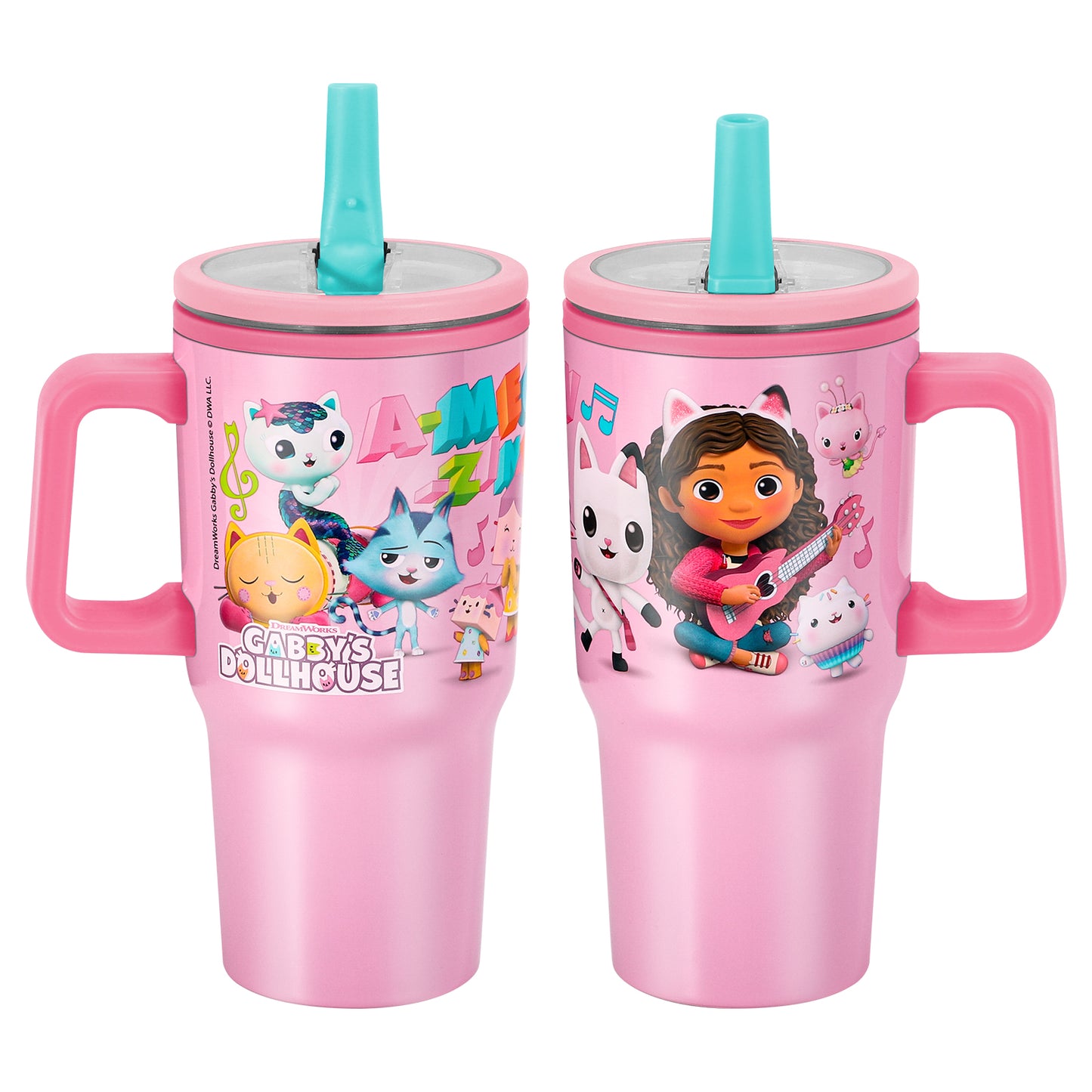Gabby's Dollhouse 640mL Double Walled Vacuum Insulated Tumbler with Straw & Handle - Stainless Steel Kids Tumbler Cup, Reusable Insulated Travel Mug for Cold & Hot Drinks | Cold for 2Hrs and Hot for 2Hrs