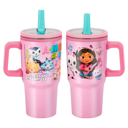 Gabby's Dollhouse 640mL Double Walled Vacuum Insulated Tumbler with Straw & Handle - Stainless Steel Kids Tumbler Cup, Reusable Insulated Travel Mug for Cold & Hot Drinks | Cold for 2Hrs and Hot for 2Hrs