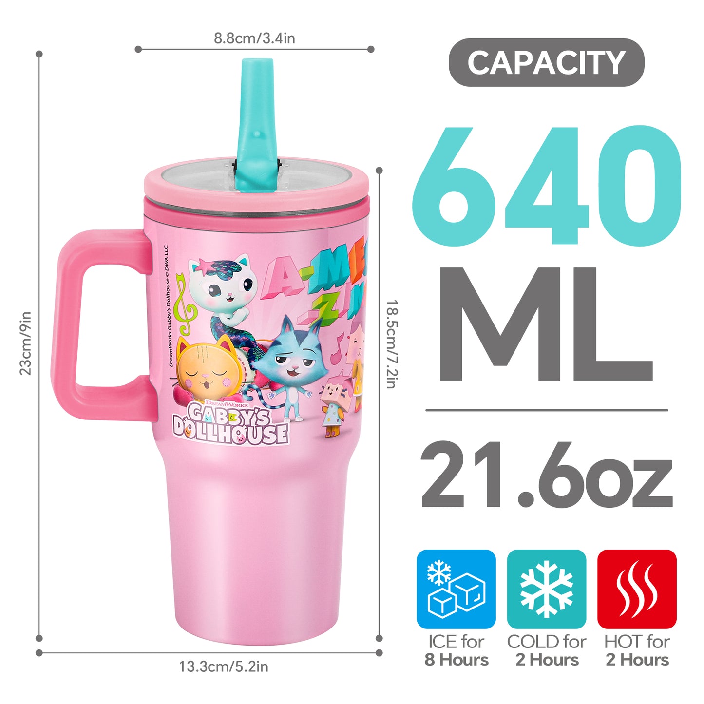 Gabby's Dollhouse 640mL Double Walled Vacuum Insulated Tumbler with Straw & Handle - Stainless Steel Kids Tumbler Cup, Reusable Insulated Travel Mug for Cold & Hot Drinks | Cold for 2Hrs and Hot for 2Hrs