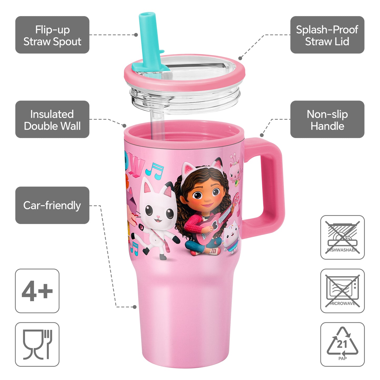 Gabby's Dollhouse 640mL Double Walled Vacuum Insulated Tumbler with Straw & Handle - Stainless Steel Kids Tumbler Cup, Reusable Insulated Travel Mug for Cold & Hot Drinks | Cold for 2Hrs and Hot for 2Hrs