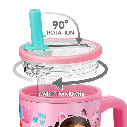Gabby's Dollhouse 640mL Double Walled Vacuum Insulated Tumbler with Straw & Handle - Stainless Steel Kids Tumbler Cup, Reusable Insulated Travel Mug for Cold & Hot Drinks | Cold for 2Hrs and Hot for 2Hrs