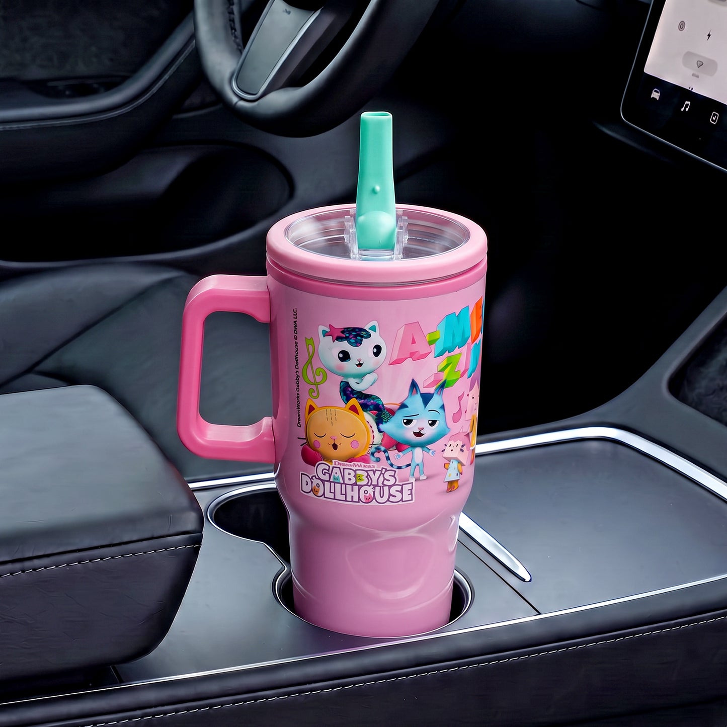 Gabby's Dollhouse 640mL Double Walled Vacuum Insulated Tumbler with Straw & Handle - Stainless Steel Kids Tumbler Cup, Reusable Insulated Travel Mug for Cold & Hot Drinks | Cold for 2Hrs and Hot for 2Hrs