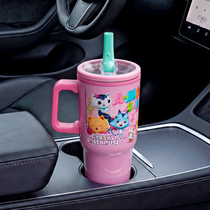 Gabby's Dollhouse 640mL Double Walled Vacuum Insulated Tumbler with Straw & Handle - Stainless Steel Kids Tumbler Cup, Reusable Insulated Travel Mug for Cold & Hot Drinks | Cold for 2Hrs and Hot for 2Hrs