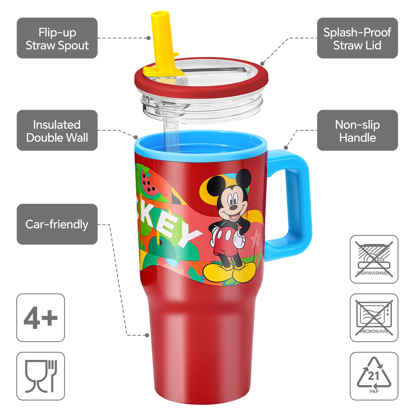 Mickey 640mL Double Walled Vacuum Insulated Tumbler with Straw & Handle