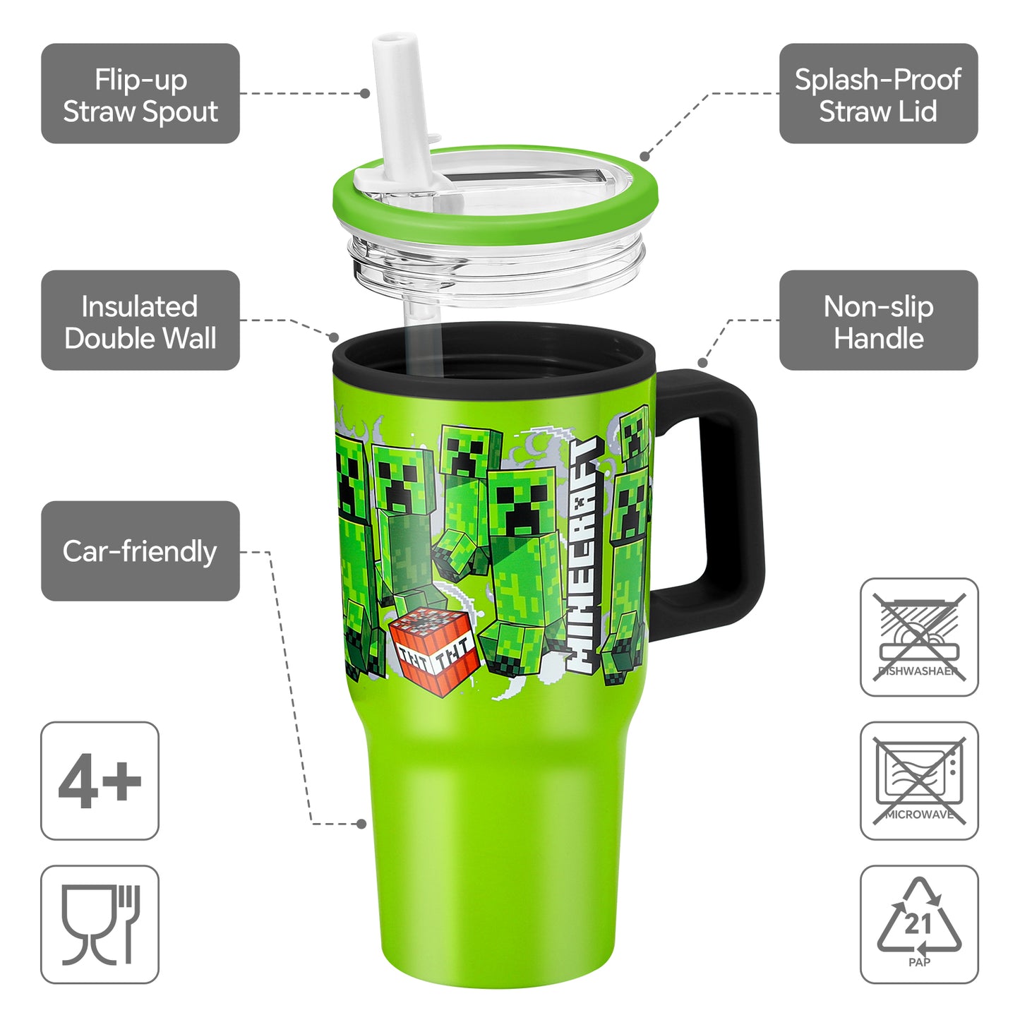 Minecraft 640mL Double Walled Vacuum Insulated Tumbler with Straw & Handle