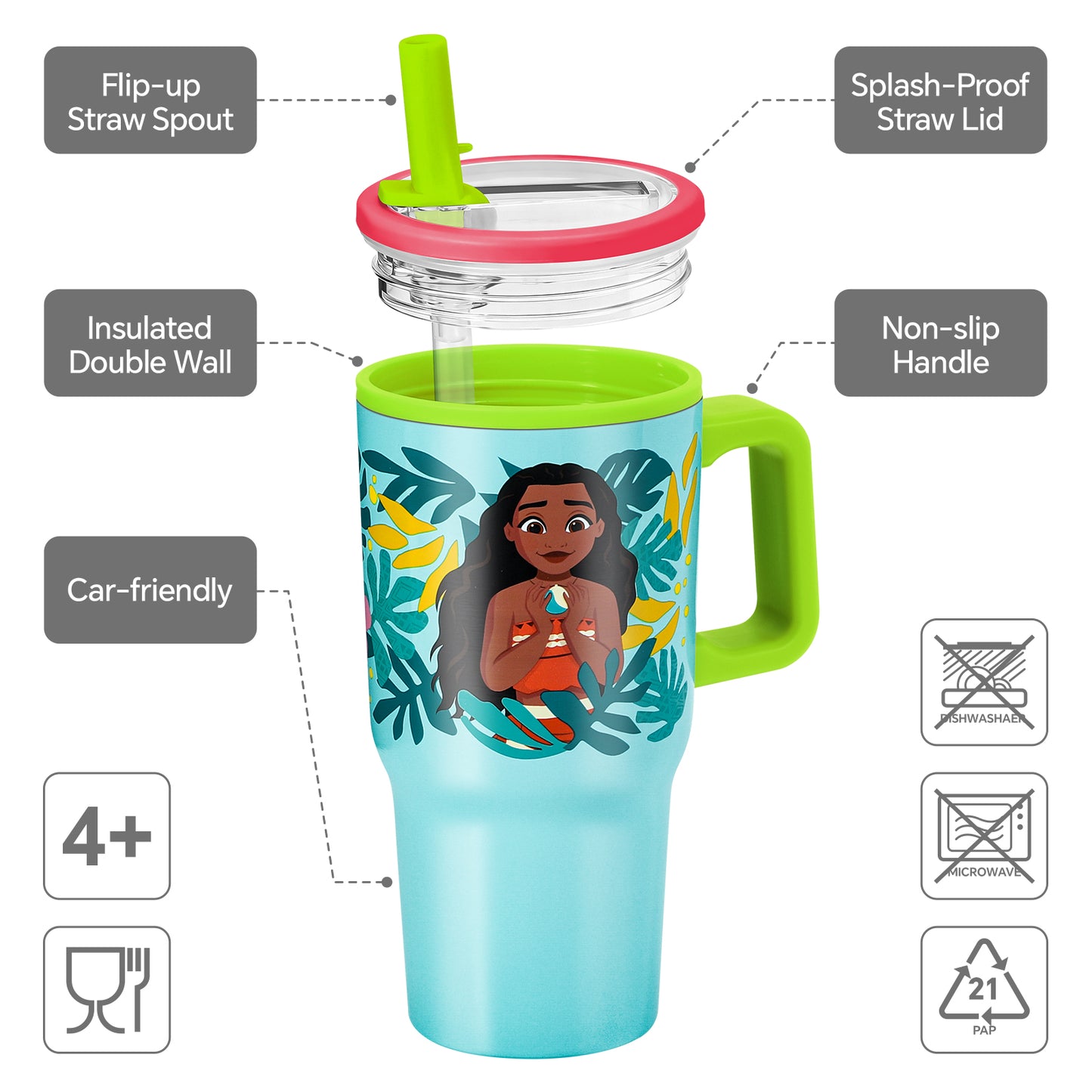 Moana 640mL Double Walled Vacuum Insulated Tumbler with Straw & Handle