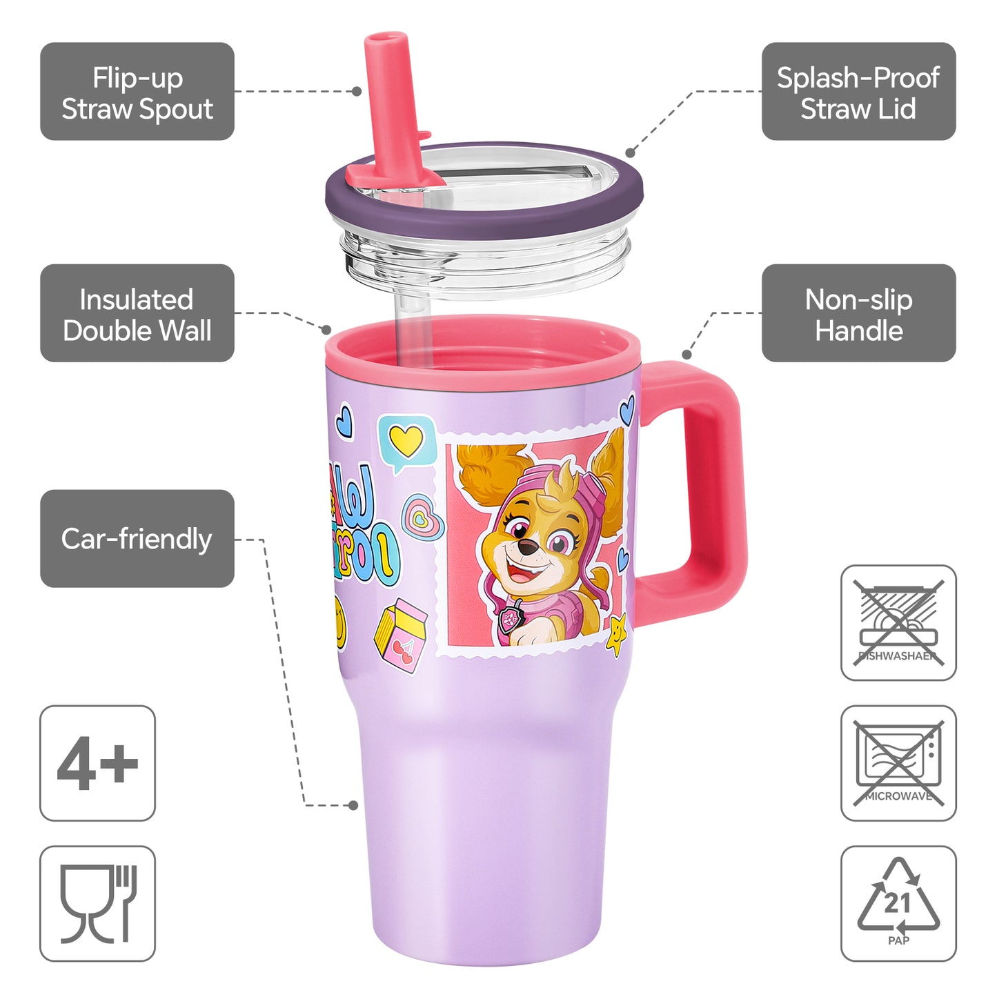 Paw Patrol Girl 640mL Double Walled Vacuum Insulated Tumbler with Straw & Handle