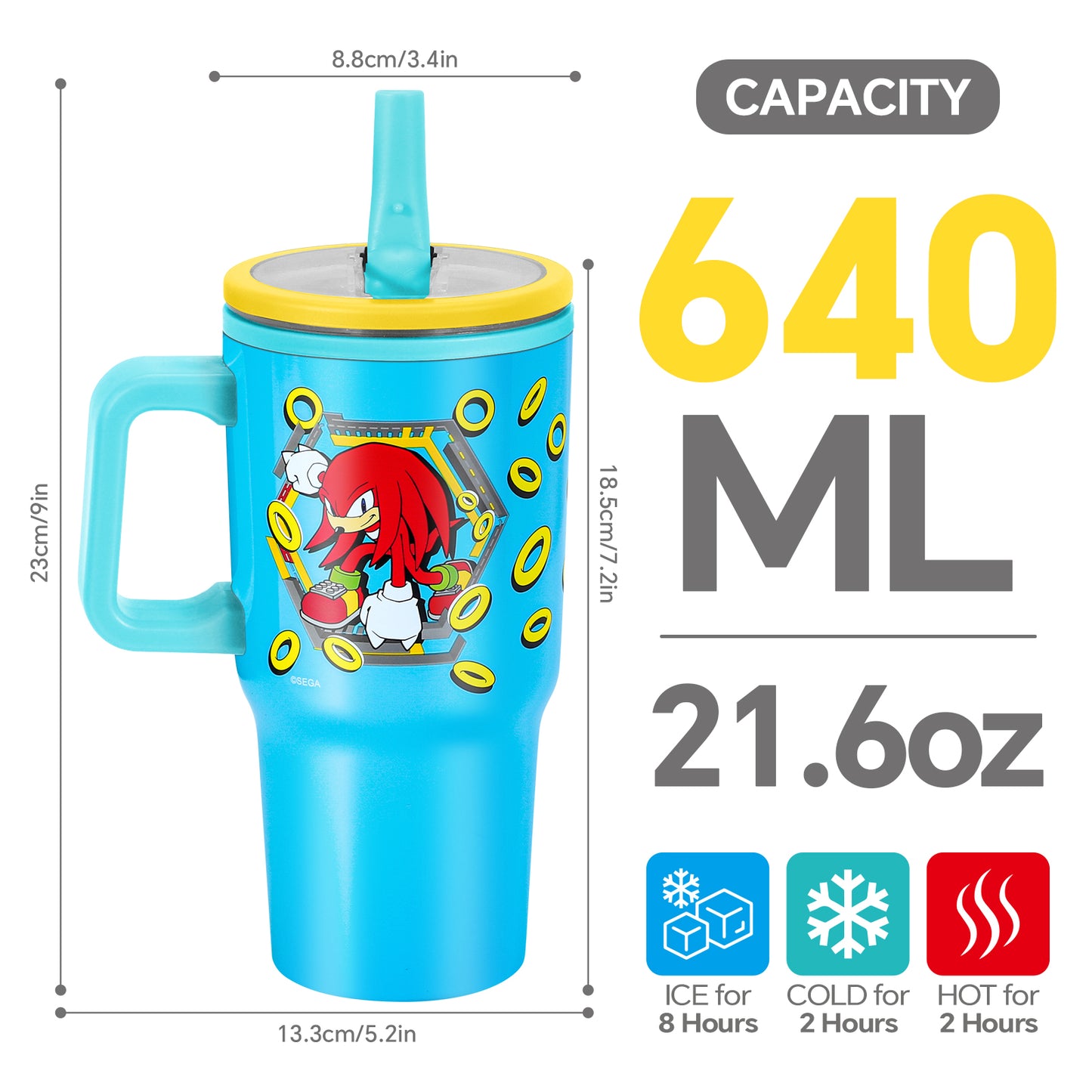 Sonic the Hedgehog 640mL/22oz Double Walled Vacuum Insulated Stainless Steel Tumbler Cup with Handle and Straw, Reusable Insulated Cup for Cold and Hot Drinks